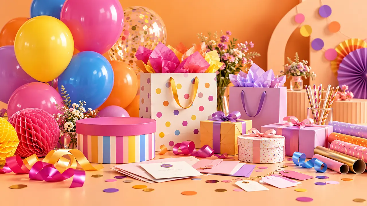 Globos, cajas de regalo, bolsas y papelería de colores para una celebración