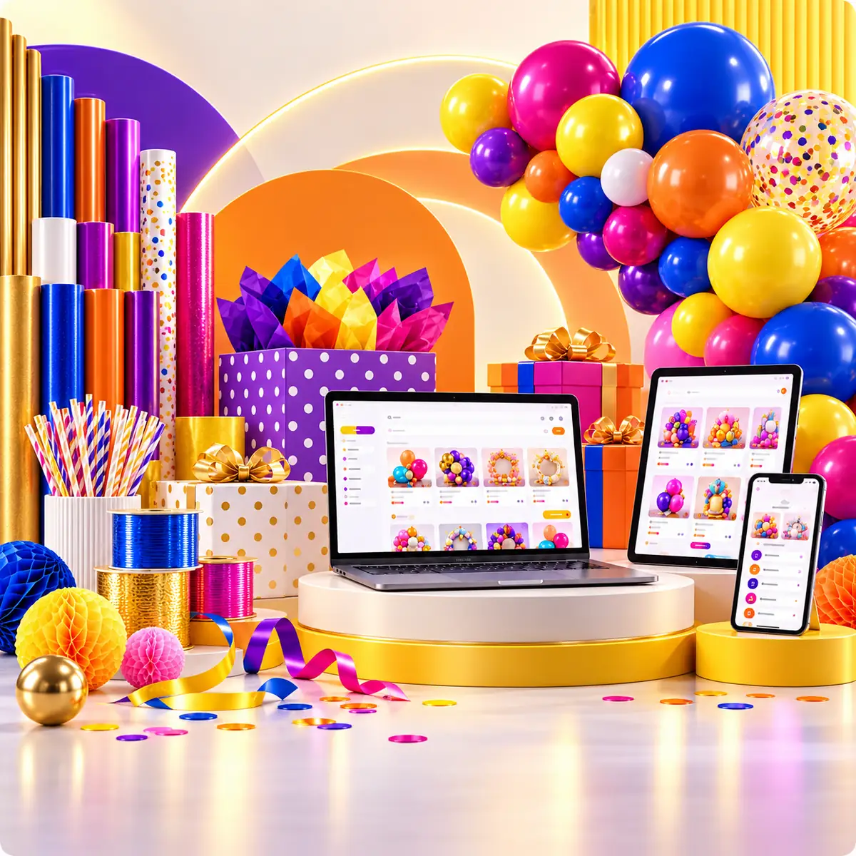 Globos de colores, regalos y papelería junto a una laptop, una tablet y un celular con herramientas digitales